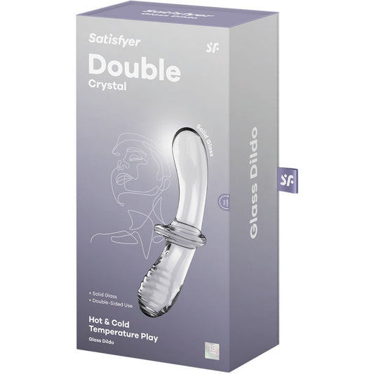 Dildo doppio trasparente SATISFYER CRYSTAL in cristallo, visibile in dettaglio con superficie liscia e trasparente.