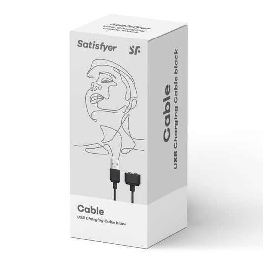 Cavo di ricarica nero SATISFYER, compatibile con dispositivi di massaggi e stimolazione, vista frontalmente.