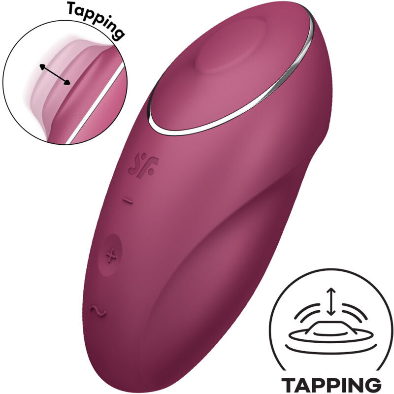 Vibratore lay-on rosso SATISFYER TAP & CLIMAX 1 con superficie liscia e design ergonomico, ideale per stimolazione mirata.