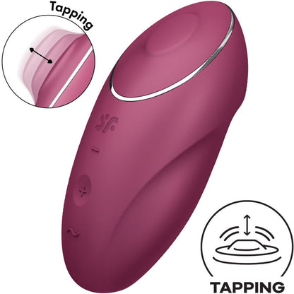 Vibratore lay-on rosso SATISFYER TAP & CLIMAX 1 con superficie liscia e design ergonomico, ideale per stimolazione mirata.