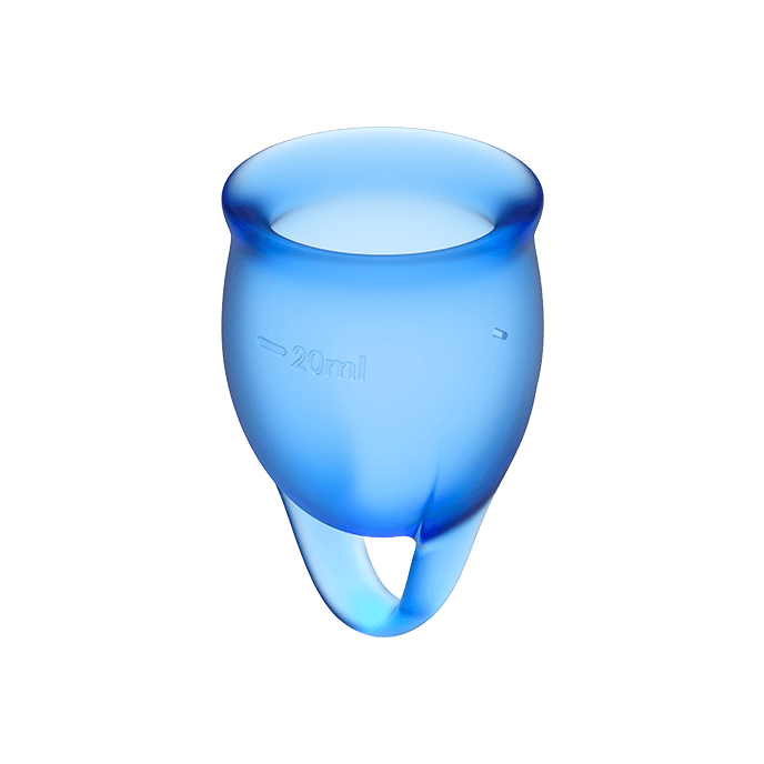 Coppa mestruale blu scuro SATISFYER FEEL CONFIDENT, tazza mestruale in silicone con capacità da 15 e 20 ml, per la gestione del ciclo.