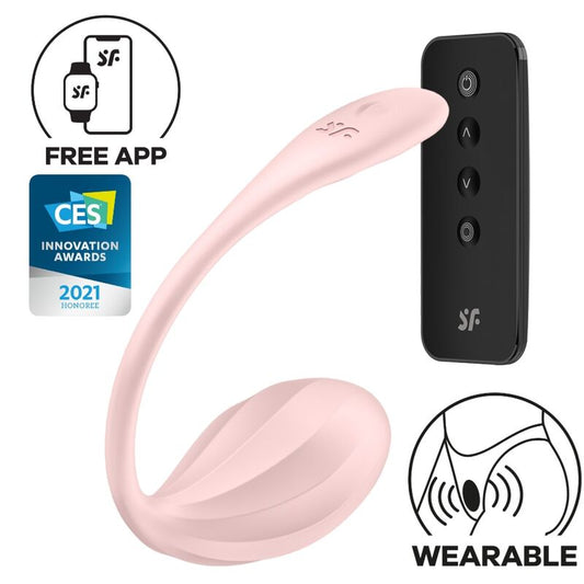 Stimolatore con petali rigati SATISFYER PARTNER, telecomando e design G-spot rosa, immagine del prodotto con dettagli visivi.