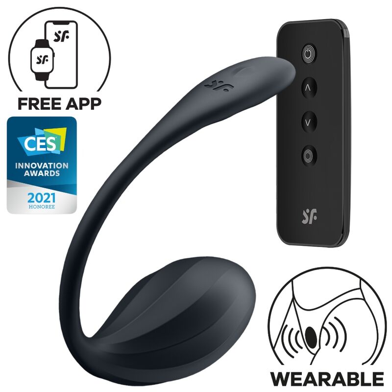 Stimolatore Punto G SATISFYER PARTNER con superficie rigata, telecomando nero e app gratuita, visibile in dettaglio nell'immagine.