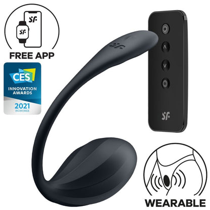 Stimolatore Punto G SATISFYER PARTNER con superficie rigata, telecomando nero e app gratuita, visibile in dettaglio nell'immagine.