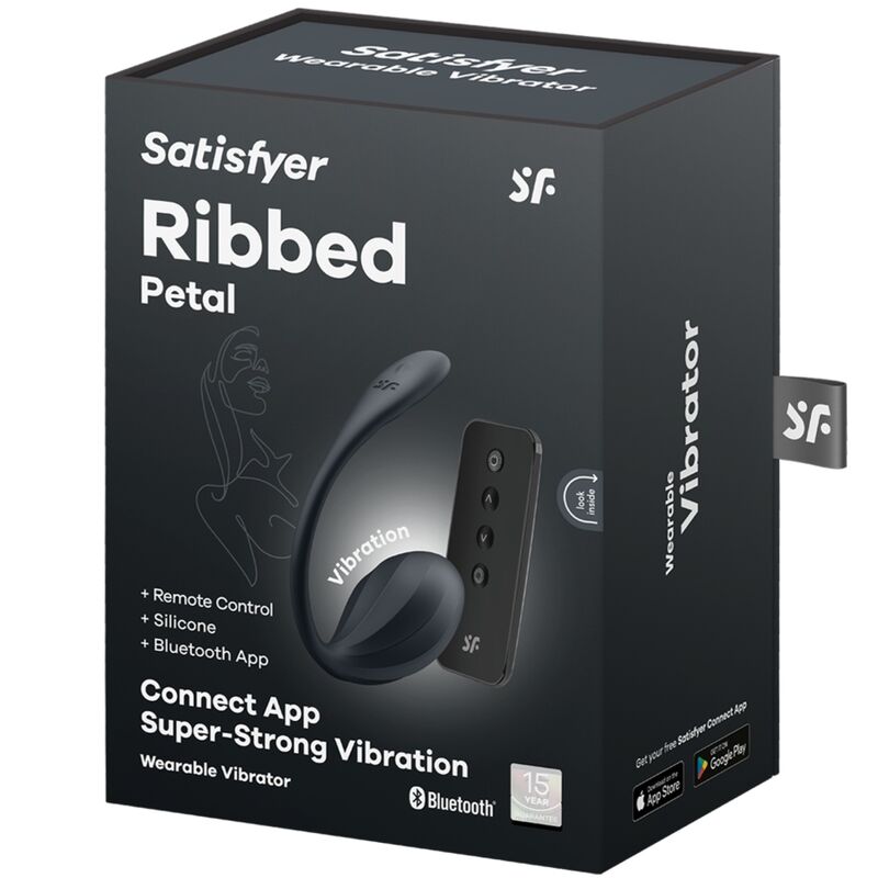 Stimolatore Petali Ribbati SATISFYER PARTNER con telecomando nero e app gratuita, design ergonomico e dettagli dettagliati.