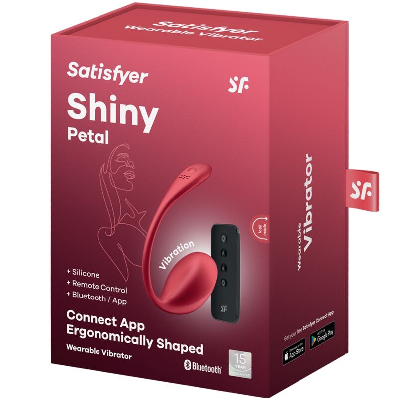 Stimolatore SATISFYER Shiny Petal con telecomando G-Point rosso, controllo remoto, design elegante, app gratuita inclusa.