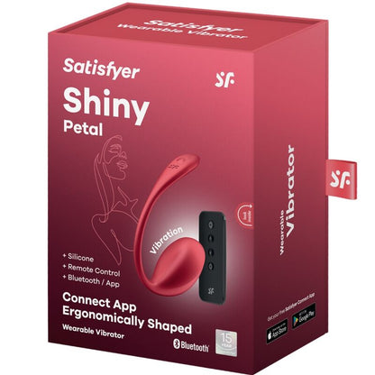 Stimolatore SATISFYER Shiny Petal con telecomando G-Point rosso, controllo remoto, design elegante, app gratuita inclusa.