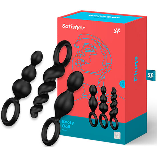 Set di 3 tappi anali neri SATISFYER PLUGS, oggetti in silicone per il piacere e il relax anal, visibili in primo piano.