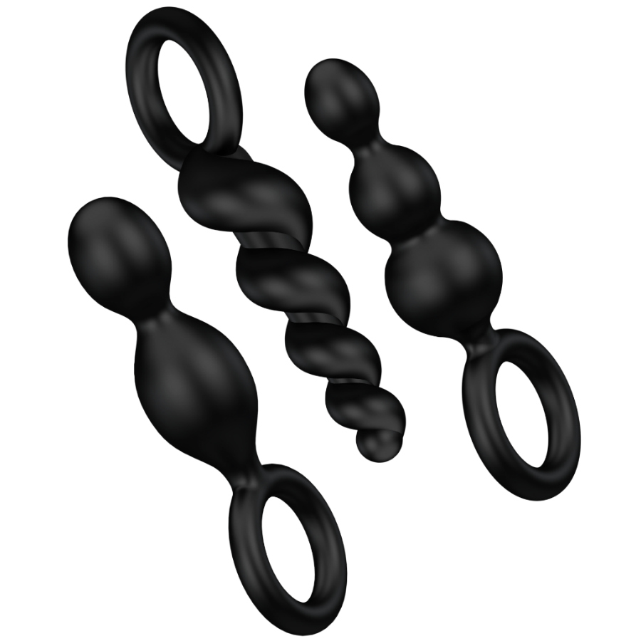 Set di 3 tappi anali neri SATISFYER PLUGS, strumenti in silicone per il piacere e il benessere anale.