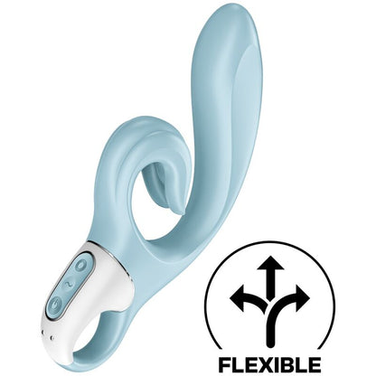 Vibratore Satisfyer Love Me Rabbit blu con design ergonomico e stimolazione duale, ideale per piacere e relax.