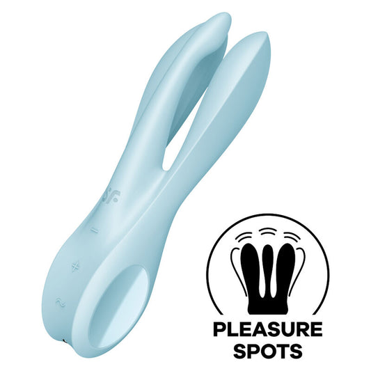 Vibratore blu SATISFYER THREESOME 1, design ergonomico e compatto, con superficie liscia e dettagli colorati.
