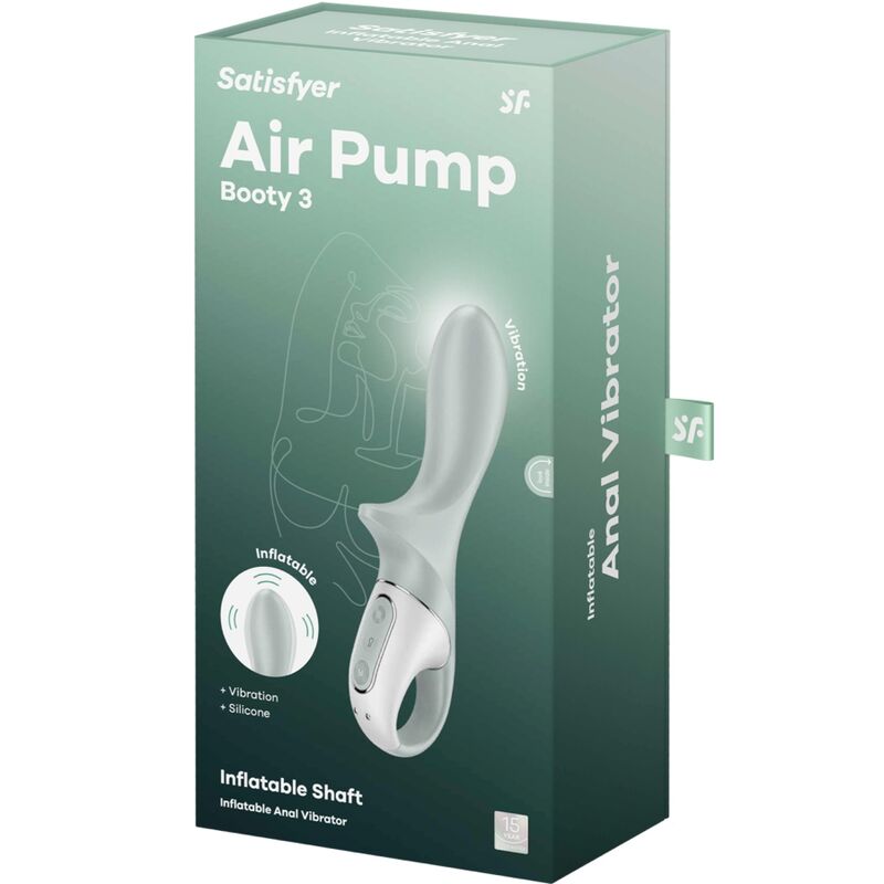 Vibratore anale gonfiabile SATISFYER AIR PUMP BOOTY 3 in grigio-verde, con telecomando e design ergonomico e colorato.