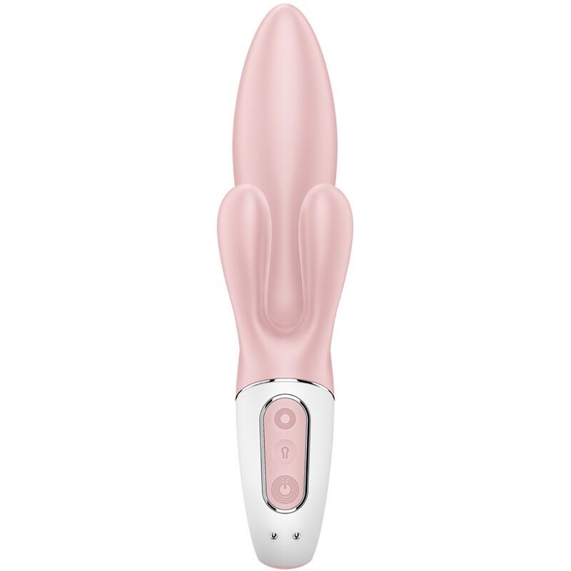 Vibratore gonfiabile coniglio rosa SATISFYER AIR PUMP BUNNY 3, dettagli del design e pulsante di gonfiaggio visibili.