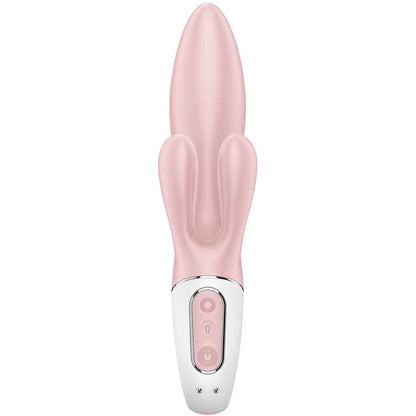 Vibratore gonfiabile coniglio rosa SATISFYER AIR PUMP BUNNY 3, dettagli del design e pulsante di gonfiaggio visibili.