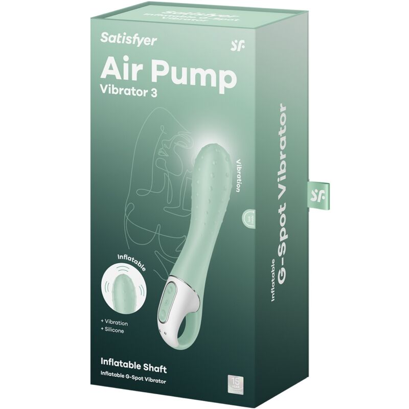 Vibratore Satisfyer Air Pump 3 Punti G gonfiabile in menta, con design ergonomico e control panel, per stimolazione mirata.