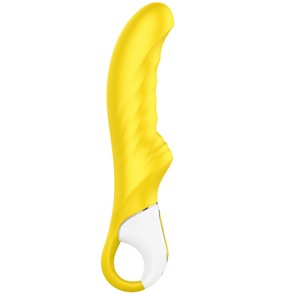 Vibratore SATISFYER VIBE YUMMY SUNSHINE in silicone giallo con design ergonomico, visibile dall'immagine.