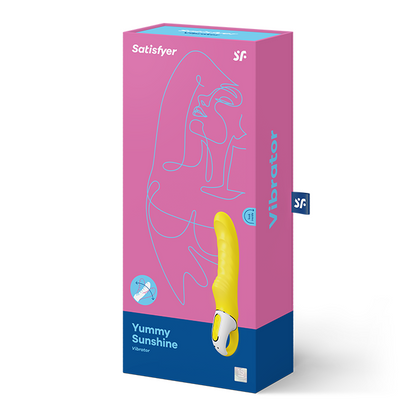 Vibratore SATISFYER VIBE YUMMY SUNSHINE con design ergonomico e dettagli colorati, ideale per stimolazione personale.
