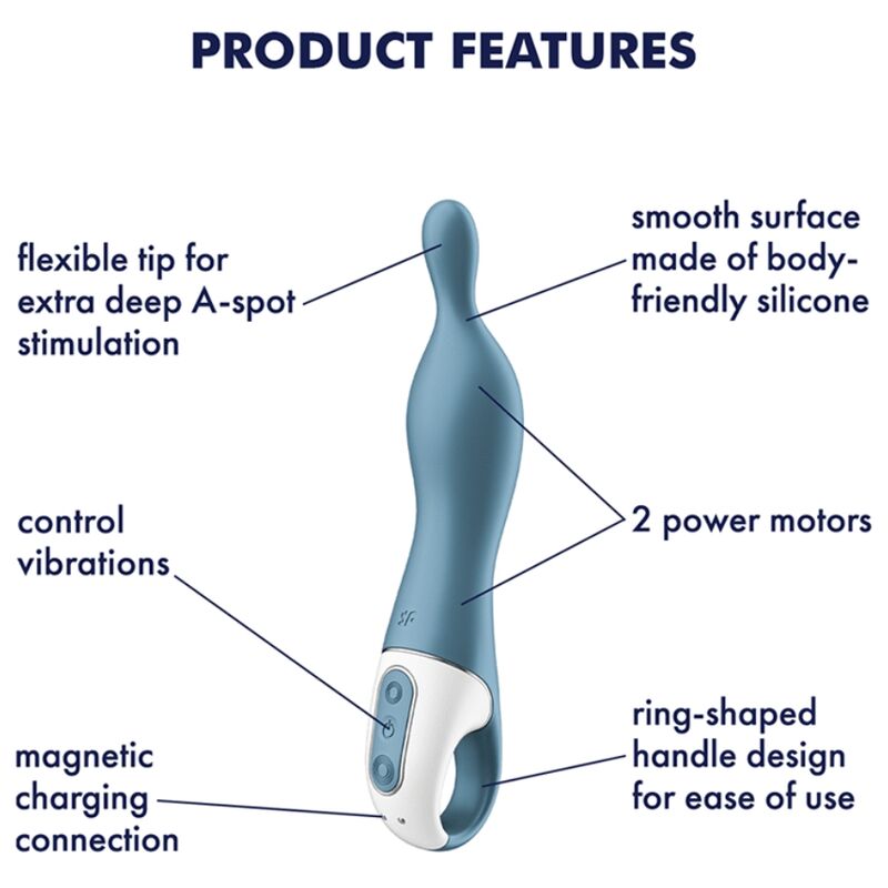 Vibratore Satisfyer Amazing 1 in blu, design compatto e ergonomico, con superficie liscia e dettagli per stimolazione mirata.