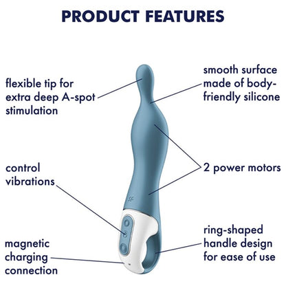 Vibratore Satisfyer Amazing 1 in blu, design compatto e ergonomico, con superficie liscia e dettagli per stimolazione mirata.
