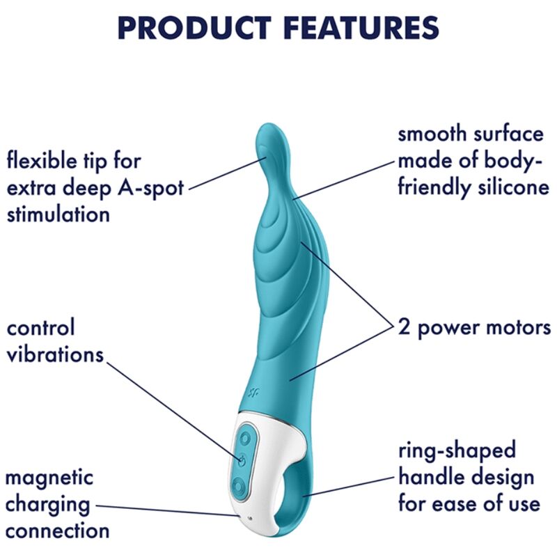 Vibratore Satisfyer Amazing 2 Aspot Turquoise, con design ergonomico e dettagli color turquesa, visibile in primo piano.