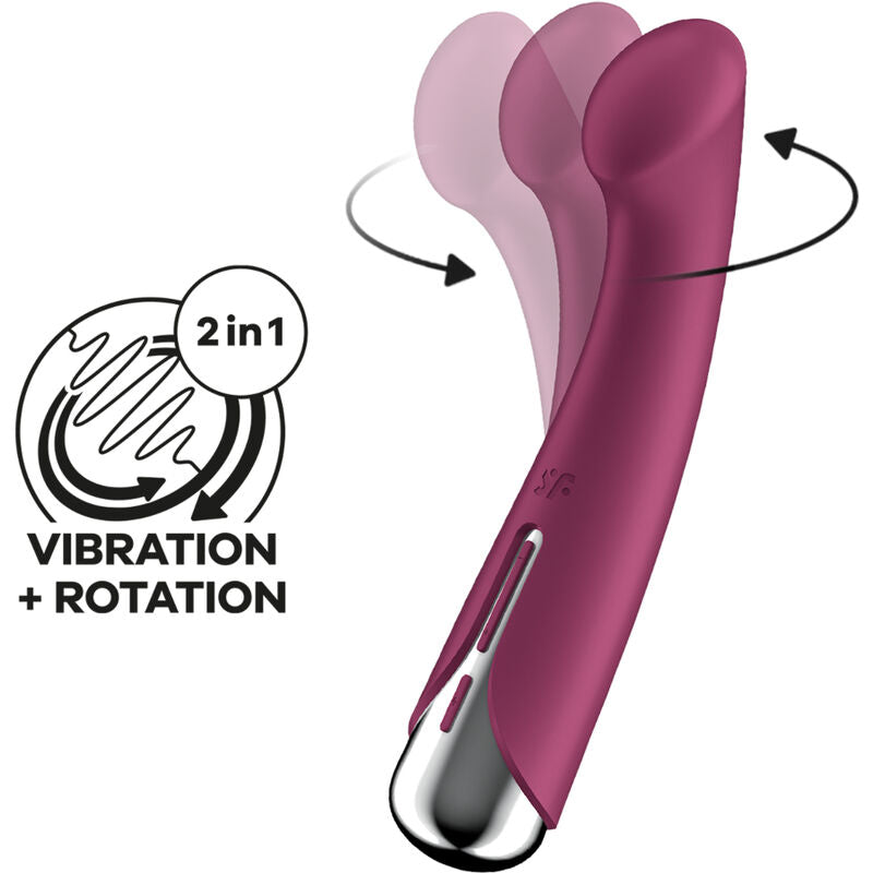 Vibratore rotante SATISFYER G-SPORT 1 di colore rosso, design ergonomico e dettagli che evidenziano le funzioni del prodotto.
