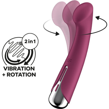 Vibratore rotante SATISFYER G-SPORT 1 di colore rosso, design ergonomico e dettagli che evidenziano le funzioni del prodotto.