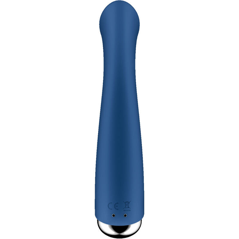Vibratore rotativo rosso SATISFYER SPINNING G-SPORT 1, dispositivo di stimolazione con design ergonomico e motivi colorati.