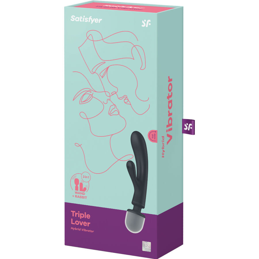 Massaggiatore vibratore SATISFYER con coniglio rosa, design triple lover, ideale per stimolazione e relax.