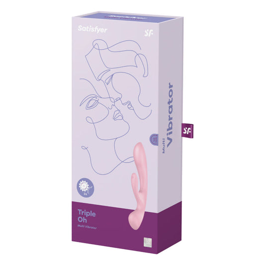 Vibratore Satisfyer Triple OH rosa con design compatto e superficie liscia, ideale per stimolazione ibrida e vibrante.