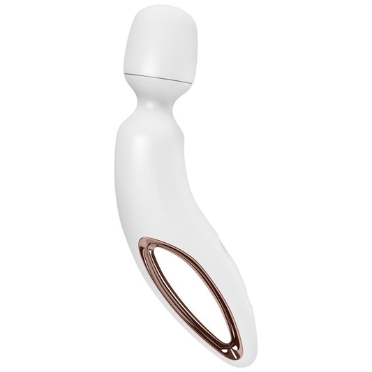 Massaggiatore vibrante SATISFYER BACCHETTA ERLAND bianco con design ergonomico e testa rotante per massaggi rilassanti.