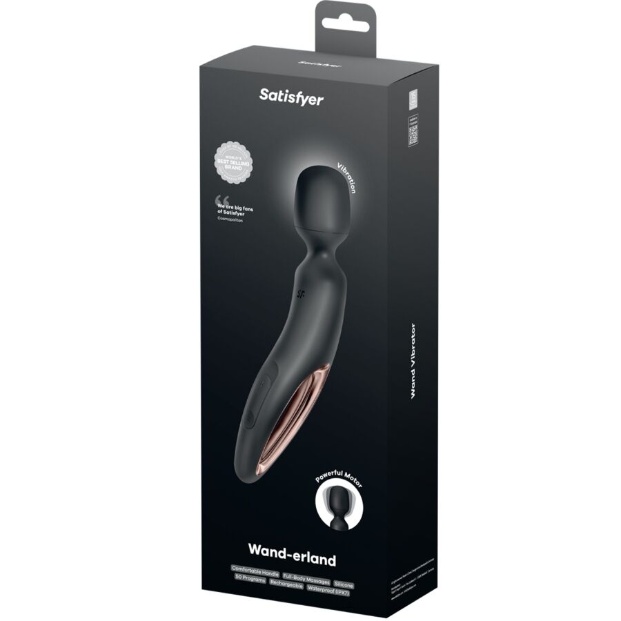 Massaggiatore vibrante SATISFYER WAND ERLAND nero, dispositivo portatile con design ergonomico e funzioni di vibrazione multiple.