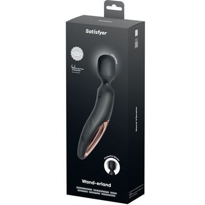 Massaggiatore vibrante SATISFYER WAND ERLAND nero, dispositivo portatile con design ergonomico e funzioni di vibrazione multiple.