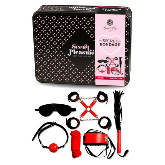Set BDSM SECRETPLAY da 6 pezzi della collezione Rossa, accessori fetish in morbido materiale, ideale per giochi di ruolo e bondage.