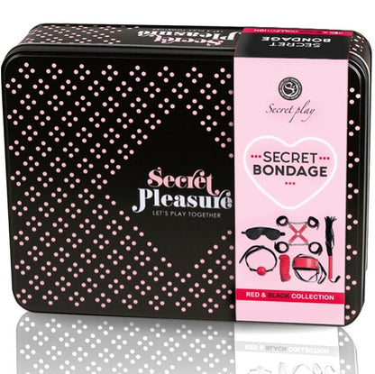 Set BDSM SECRETPLAY da 6 pezzi in rosso, completo di manette, frusta e accessori fetish, per giochi di ruolo e bondage.