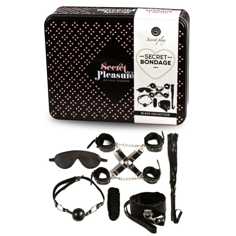 Set BDSM SECRETPLAY da 8 pezzi in nero con manette, frusta e accessori fetish, ideale per giochi di ruolo e dominazione.