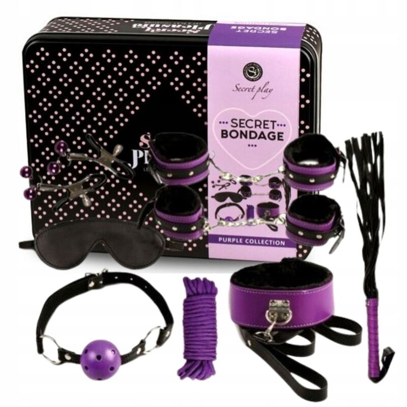 Set BDSM SECRETPLAY da 8 pezzi in viola e nero, includa manette, fruste e accessori fetish, ideale per giochi di dominazione.