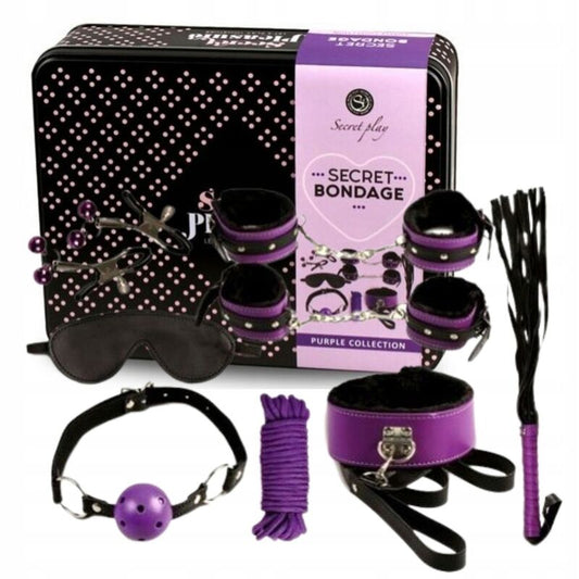 Set BDSM SECRETPLAY da 8 pezzi in viola e nero, includa manette, fruste e accessori fetish, ideale per giochi di dominazione.