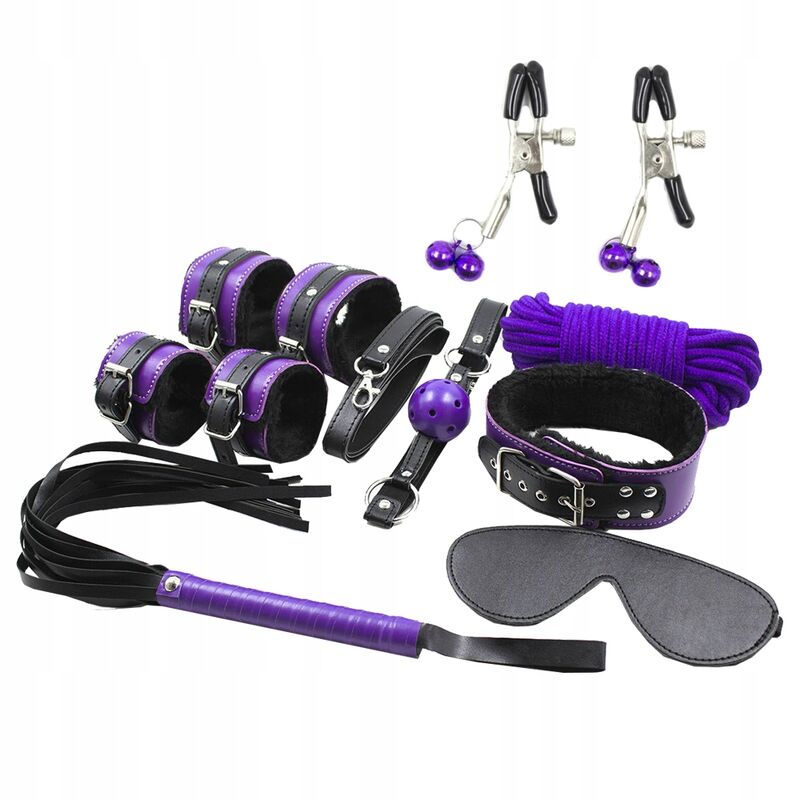 Set BDSM SECRETPLAY 8 pezzi viola e nero, inclusi legature, fruste e accessori fetish per giochi di ruolo e dominazione