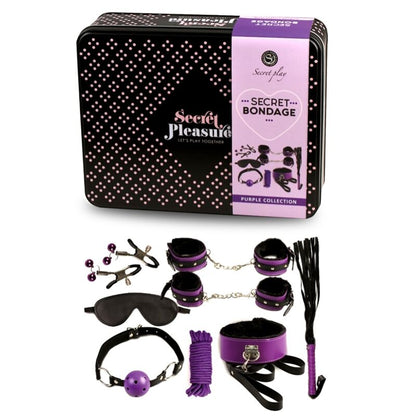 Set BDSM SECRETPLAY da 8 pezzi in viola e nero, inclusi legature, frustino e fermagli, ideale per giochi di ruolo e fetish.