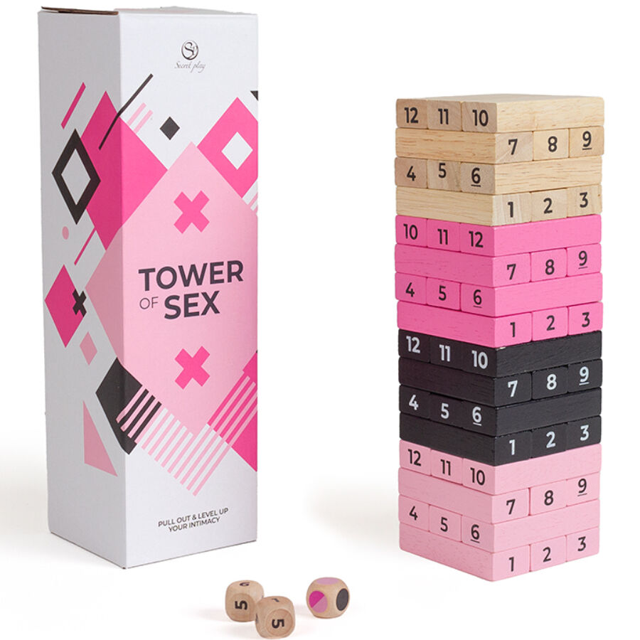 Torre in legno SECRETPLAY 100% GAMES, gioco in legno per adulti, con pezzi colorati e design divertente.
