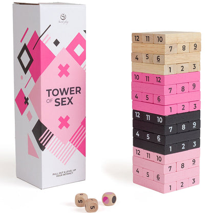 Torre in legno SECRETPLAY 100% GAMES, gioco in legno per adulti, con pezzi colorati e design divertente.