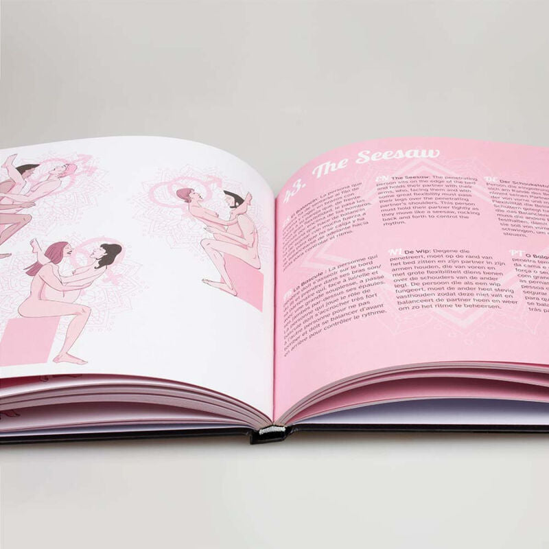 Libro delle posizioni sessuali del Kamasutra di SECRETPLAY, con illustrazioni e descrizioni in più lingue.