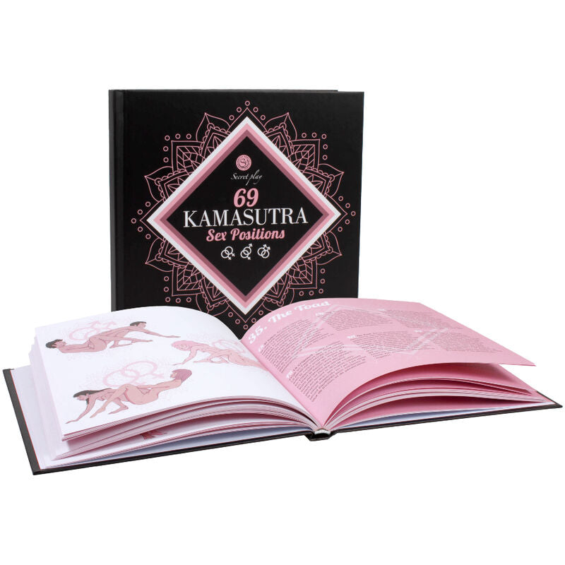 Libro delle posizioni sessuali del Kamasutra di SECRETPLAY, con copertina colorata e dettagli delle posizioni.