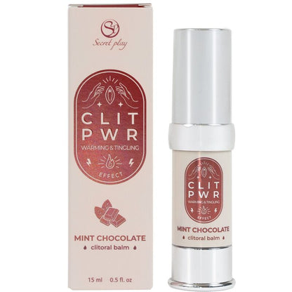 Balsamo clitoride Secret Play Clit Pwr con aroma di menta e cioccolato, crema intima per il piacere femminile, confezione con tubetto.