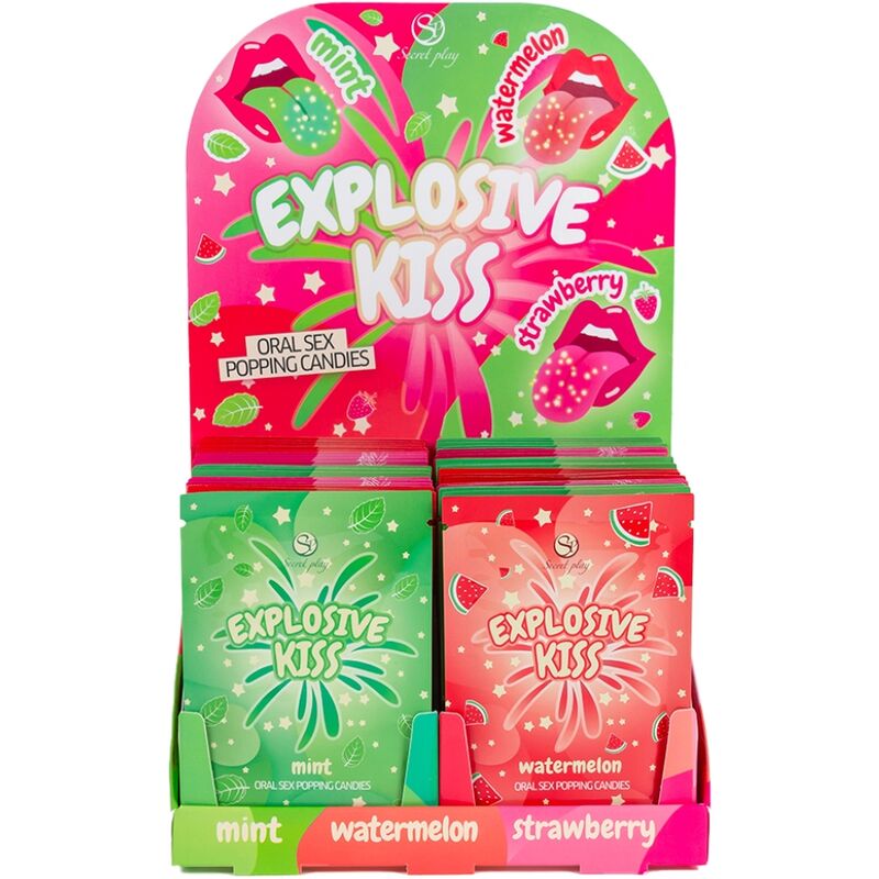 Display di 48 caramelle esplosive SECRETPLAY COSMETIC con colori vivaci e forme divertenti.