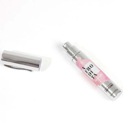 Spray afrodita profumo feromoni donna SECRETPLAY COSMETIC, formato da viaggio, con flacone elegante e spray aperto in primo piano.