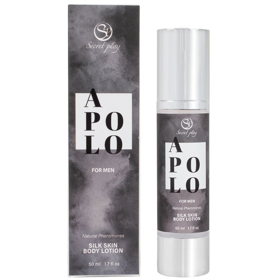 Lozione per la pelle da uomo SECRETPLAY APOLO SILK da 50 ml, flacone con etichetta e tappo.