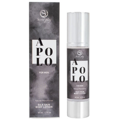Lozione per la pelle da uomo SECRETPLAY APOLO SILK da 50 ml, flacone con etichetta e tappo.