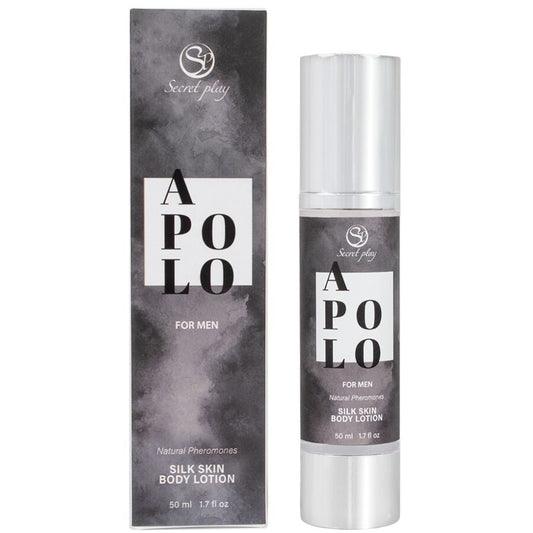 Lozione per la pelle da uomo SECRETPLAY APOLO SILK da 50 ml, flacone con etichetta e tappo.