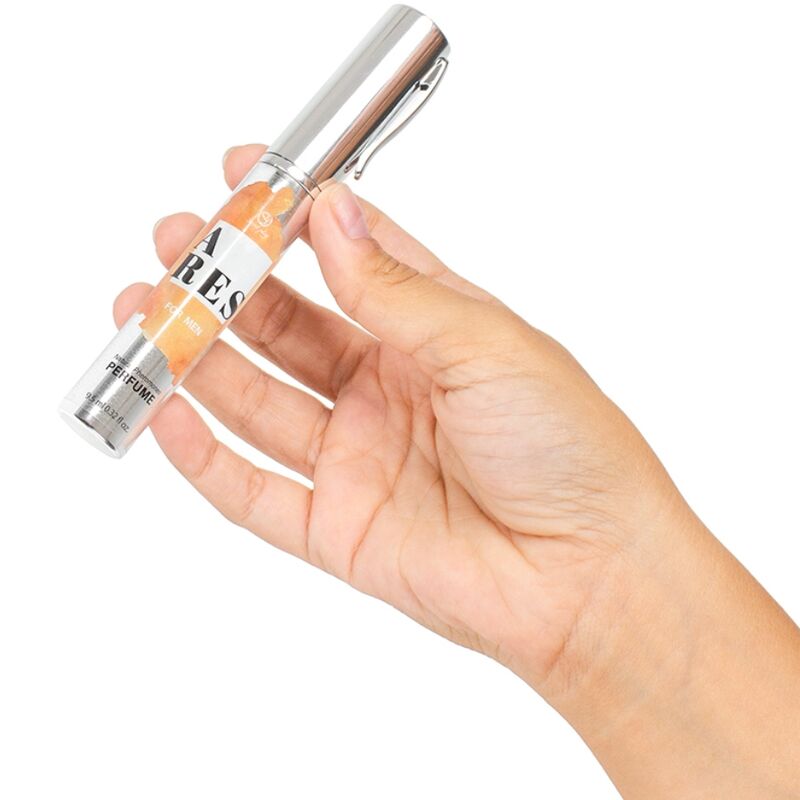 Profumo naturale con feromoni SECRETPLAY ARES per uomo, formato da viaggio da 10 ml, bottiglia compatta e elegante.